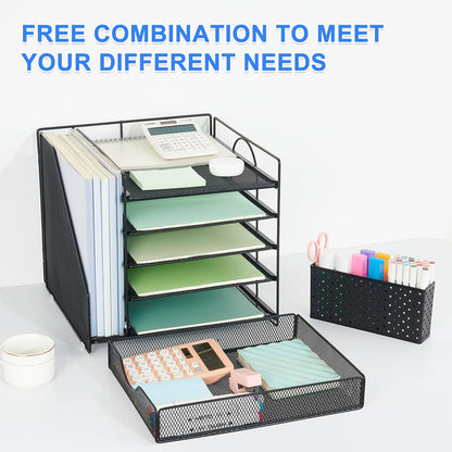 OUTIOE Desk Organizer with Drawer and Pen Holder, 5-Tier Paper Letter Tray Organizer with File Holder, Suitable for Workspace Organizer Office Supplies Storage (Black)