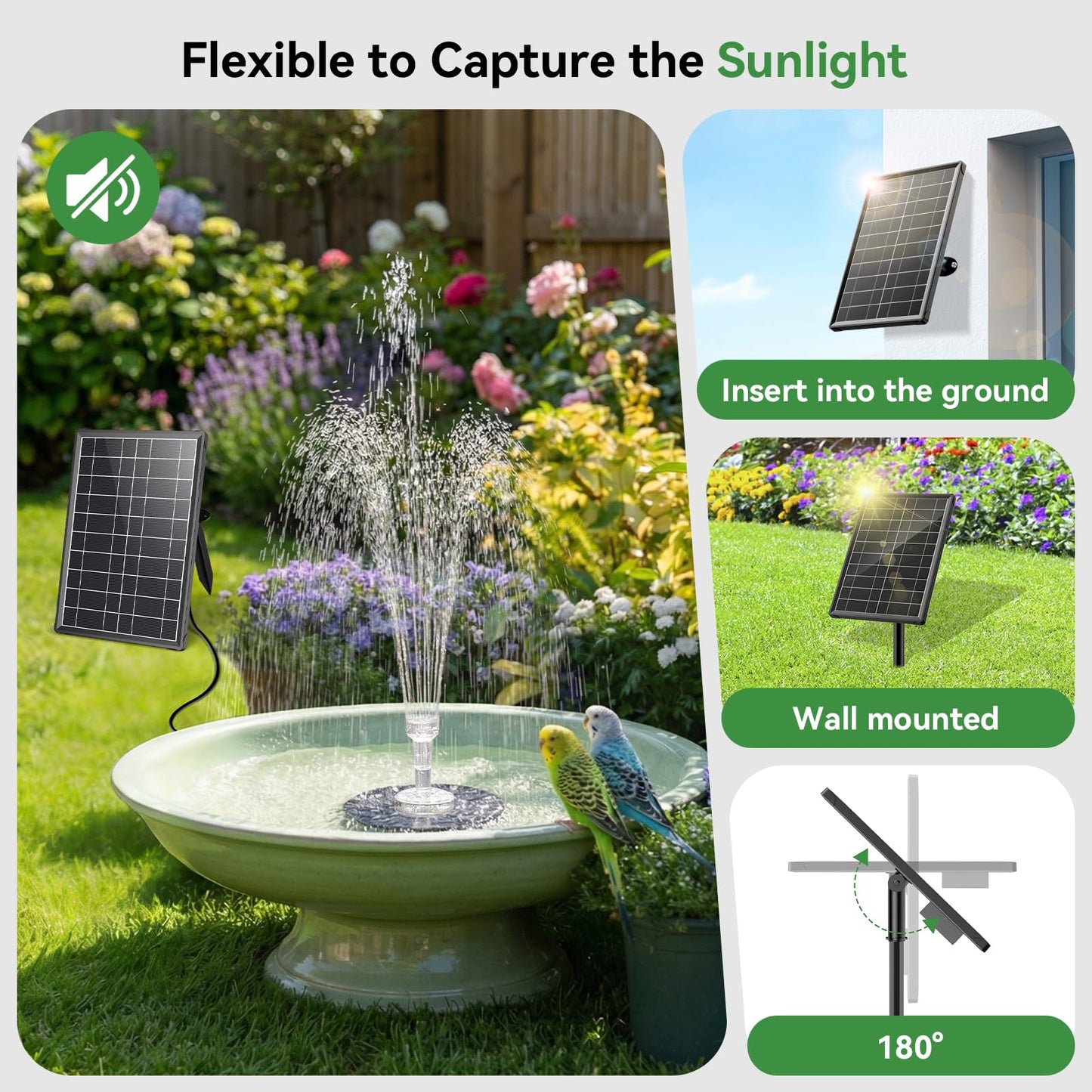 Antfraer 8W Solar Fountain Pump Built-in 3600mAh Battery & LED Lights, Solar Powered Water Pump with Double-Layer Nozzle & 5ft Tubing, Solar Water Fountain For Bird Bath Pond Garden DIY Water Features