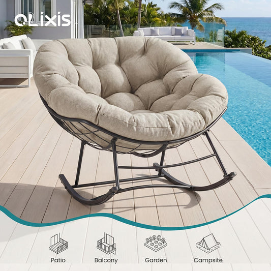 OLIXIS Outdoor Rocking Chair with 5.5" Thick Cushion, Oversized Egg Lounge Chair with Water-Repellent & UV-Resistant Fabric, 450 Lbs Heavy Duty for Patio, Living Room, Garden, Bedroom, Beige