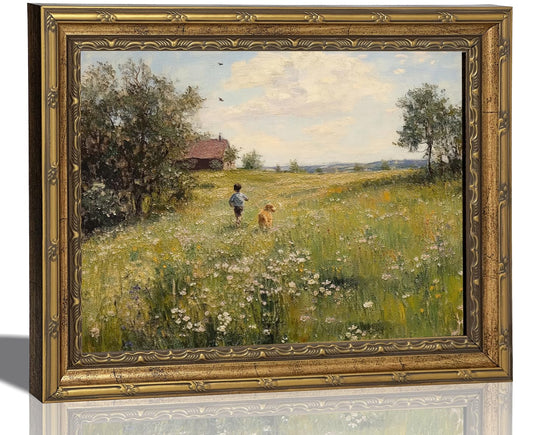 Gold Framed Vintage Country Canvas Wall Art 3D Textures Boy and Dog Running in Flower Field Painting Picture Farmhouse Landscape Wildflower Print Wall Decor for Bedroom Living Room Decoration 9x11in