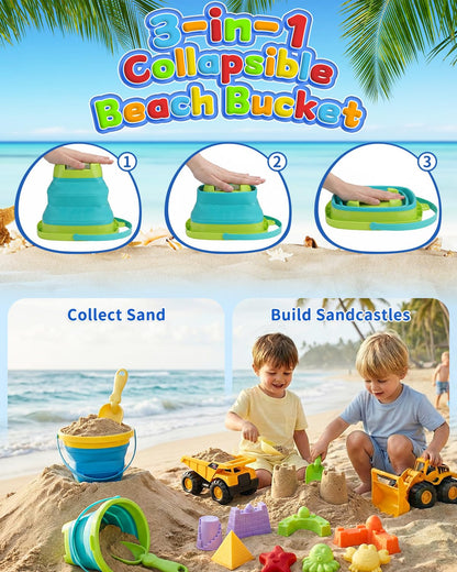 KONYXALU 30PCS Beach Toys for Kids Ages 3-10, All-in-One Sand Toy Set with 2 Collapsible Buckets, Mesh Bag for Easy Packing, Trucks, Sea Animal Molds, Shovels & Sieves for Beach, Sandbox & Snow Play