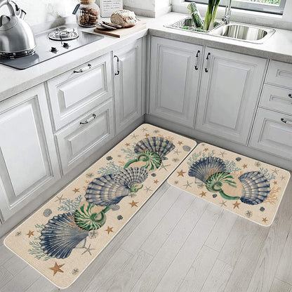 Faptoena Shells Coral Whelks Starfish Kitchen Rugs Set of 2,Ocean Theme Kitchen Mats for Floor,Summer Beach Sink Mats Home Decor Doormat+Runner Rug