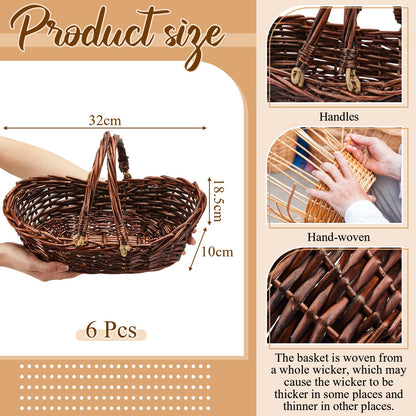 Sintuff 6 Pcs Wicker Picnic Basket with Handle Garden Harvest Empty Easter Eggs and Candy Basket Oval Willow Woven Storage for Organizing, Fruit Egg Storage Gathering Wedding Gifts (Dark Brown)