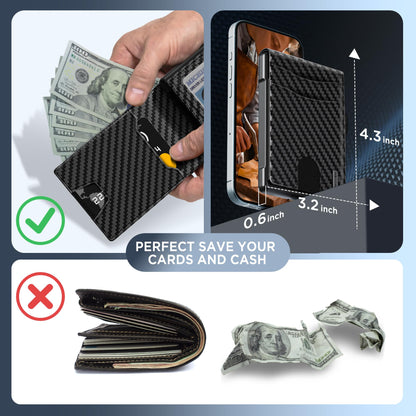 umoven Wallet for Men - Pop Up Case, Cash Slot, and Credit Card Slot - Slim Aluminum Wallet with RFID Blocking, Minimalist Leather Wallet Front Pocket with ID Window (Carbon Fiber)