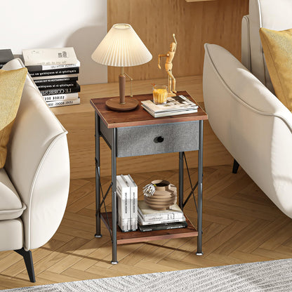 VECELO End Tables, Modern Nightstand with Fabric Drawer & Open Shelf, Night Stand for Bedroom Living Room, Industrial Metal Frame, Easy Assembly, Rustic Brown,1 Pack
