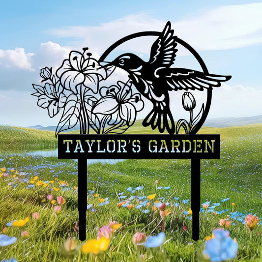 BMYDIY Personalized Garden Signs for Outside, Custom Metal Hummingbird Flowers Garden Decor with Stake, Custom Name Signs Outdoor Yard Patio Backyard Metal Decor Home Gifts