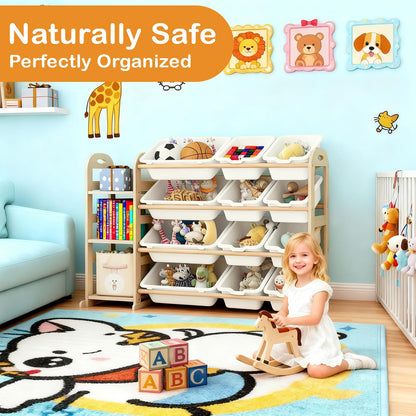 Toy Storage Organizer, Wooden Toy Organizers and Storage with Bookshelf, Toy Storage Shelf with 3 Shelves and 12 Storage Bins, Kids Bookshelf for Playroom, Nursery, Bedroom, Bookcase for Kids, White