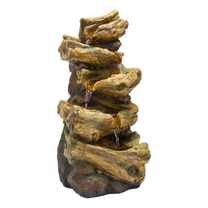 Alpine Corporation TZL226 Outdoor 4 Tier Log Tree Trunk Waterfall Floor Fountain with LED Lights, Tiered Garden Décor, 24" H, Brown