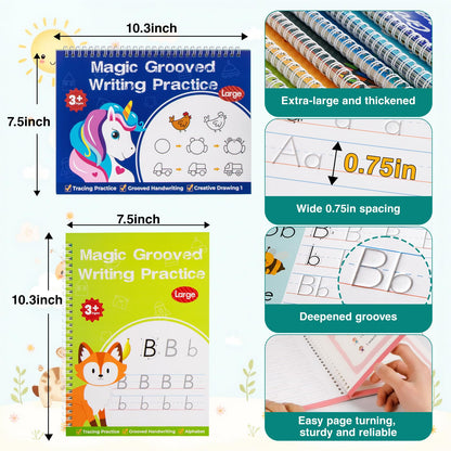 Magic Grooved Writing Practice, Tiny Thinkers Reusable Indented Handwriting Practice for Kids 3-5, Your Little Explorer Motor Magic Happy Writer System Children Set Age 6-8 for Preschool Kindergarten