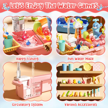 Dtadvlo Upgraded Toddler Sand Water Table Toy with Electric Water Pump, Kids Sand Water with Faucet/Play Food Accessories/Fishing Toy, Kitchen Play Sink Toys for Girl Boy Age 3+ (Pink)