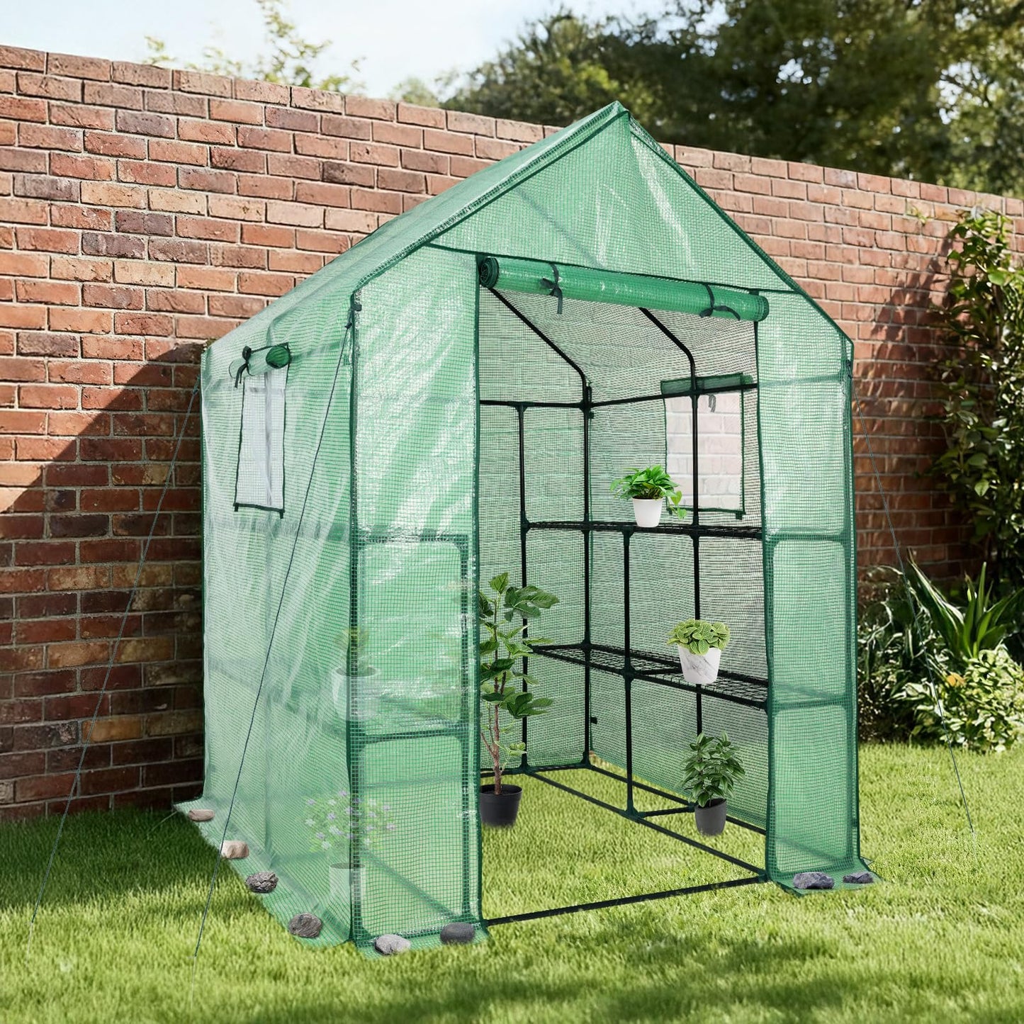 Aoodor Walk-in Greenhouse with 8 Shelves, 4.7 × 4.7 × 6.4 ft Outdoor Garden Plant House with PE Cover for Growing Vegetables, Flowers, Herbs