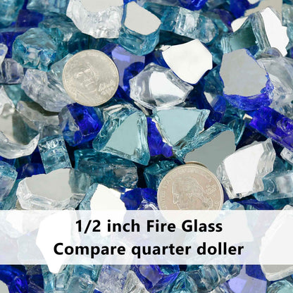Grisun 10 Pound Fire Glass for Fire Pit - 1/2 inch Reflective Fire Glass Rocks, Decorative for Fireplace and Fire Table, Blend of Cobalt Blue, Caribbean Blue and Platinum