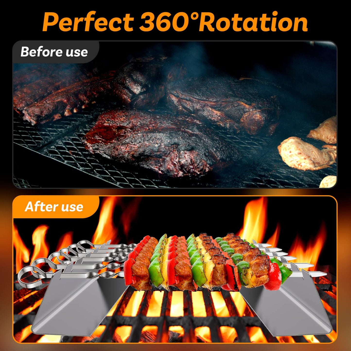 6 Pack Metal Skewers Grilling Stainless Steel BBQ Skewers Set, 6 Pack 40.5 cm / 16 Inch Metal Kebab Skewers with 2 × 30 cm Skewer Holders, Heavy Duty Flat Grill Skewers for Meat & Vegetables