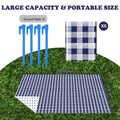 HunnmingRe 6 Pcs Disposable Outdoor Picnic Blankets 71''x71'' Thicken Foldable Waterproof Picnic Mats Gingham Oil Proof Camping Blankets with 4 Ground Spikes Beach Travel Hiking (Navy Blue and White)