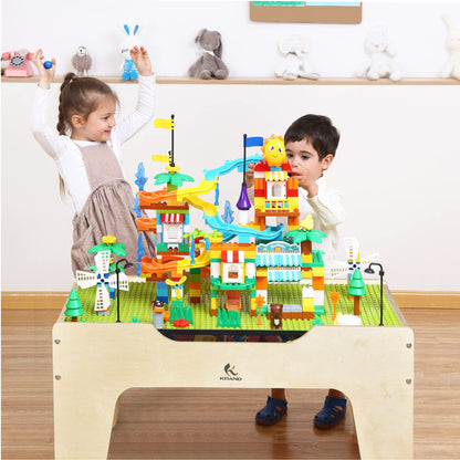 KRAND Kid's All-in-One Activity Play Table with 290 Building Bricks and 30-Piece Wooden Train Set Railway,Cars,Track and Accessories for Toddlers Boys and Girls Children's Toy Playset Game Desk