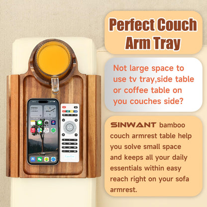 SINWANT Couch Cup Holder Tray,Acacia Wood Sofa Arm Clip on Tray Table with 360° Rotation Cup Holder,Foldable Anti-Slip Couch Armrest Table for Coffee Mug,Water Bottles,Snacks,Remote on Large Armrest