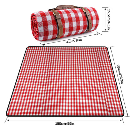 RealPero Extra Large Picnic Blanket, 80"x60" Waterproof Sandproof Beach Mat, Soft Foldable Outdoor Camping Mat with PU Carrier, Red White Plaid Portable Mat for Lawn, Grass, Travel & Park