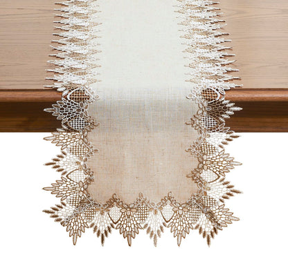 Raedan Natural Linen Table Runner 72 inches Neutral Earth Tones Beige Lace Coffee Table Runners Dresser Scarf for Easter Spring Summer Kitchen Wedding Party, Machine Washable (Natural, 16”x72”)
