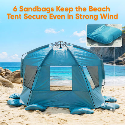 Golabs BT1 Pop up Beach Tent Sun Shelter for 3-Person, 1-Minute Setup by Pre-Attached Pole & UPF 50+, Beach Shade with Detachable Floor Mat, Mesh for Clear View & Airflow, only 7 lbs & Pocket and Hook
