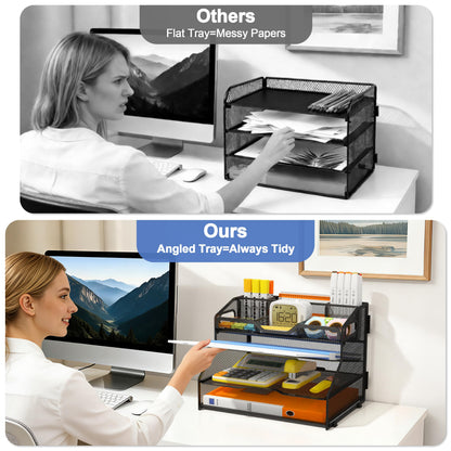 NextFile 4 Tier Desk Orgnizers and Accessories, Metal Magazine File Holder with Pencil Holder and Handles, Space Saving Desktop Storage for School Office Supplies(Black)