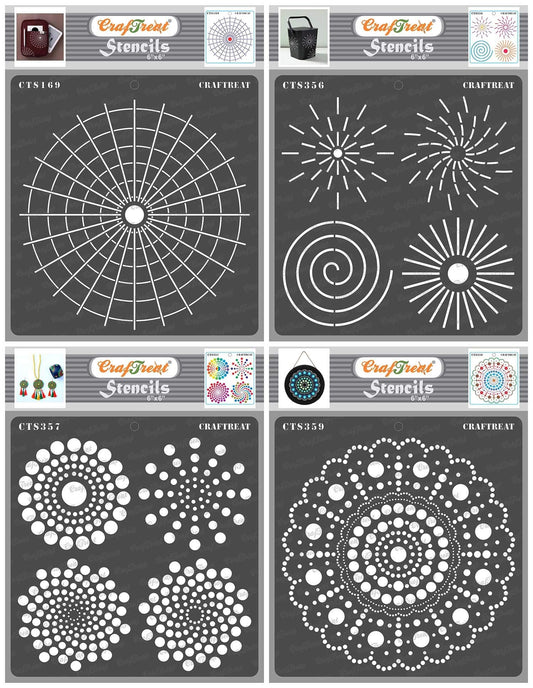 CrafTreat Reusable Dot Mandala Stencils for Painting on Wood, Canvas, Paper, Floor, Wall and Tile - Dot Mandala Basics, Outlines, Round and Radar - 4 Pcs - 6x6 Inches Each - DIY Craft Stencils