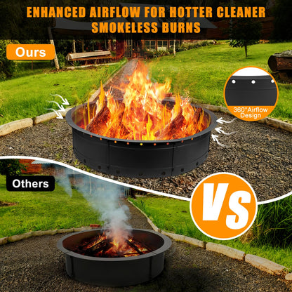 Zzuvjoy 36 Inch Fire Pit Ring, Large Outdoor Campfire Pit for Patio Backyard Garden, Smokeless Steel Firepit with Air Vent for Efficient Burning & Anti-Rust Coating, Black Steel