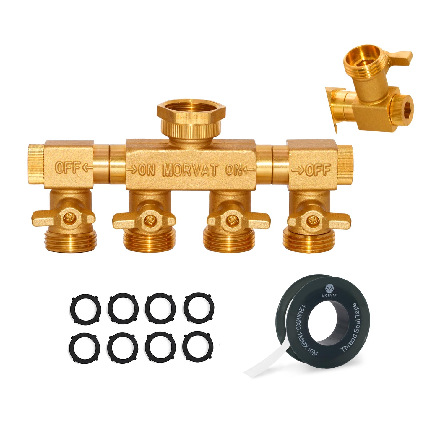 Morvat 4 Way Splitter with Rotating Arms, Heavy Duty Brass Garden Hose Manifold Connector with Comfort Rubber Grip ON/OFF, Adapter for Water Faucet Tap & Spigot, 8 Extra Washers & Teflon Tape