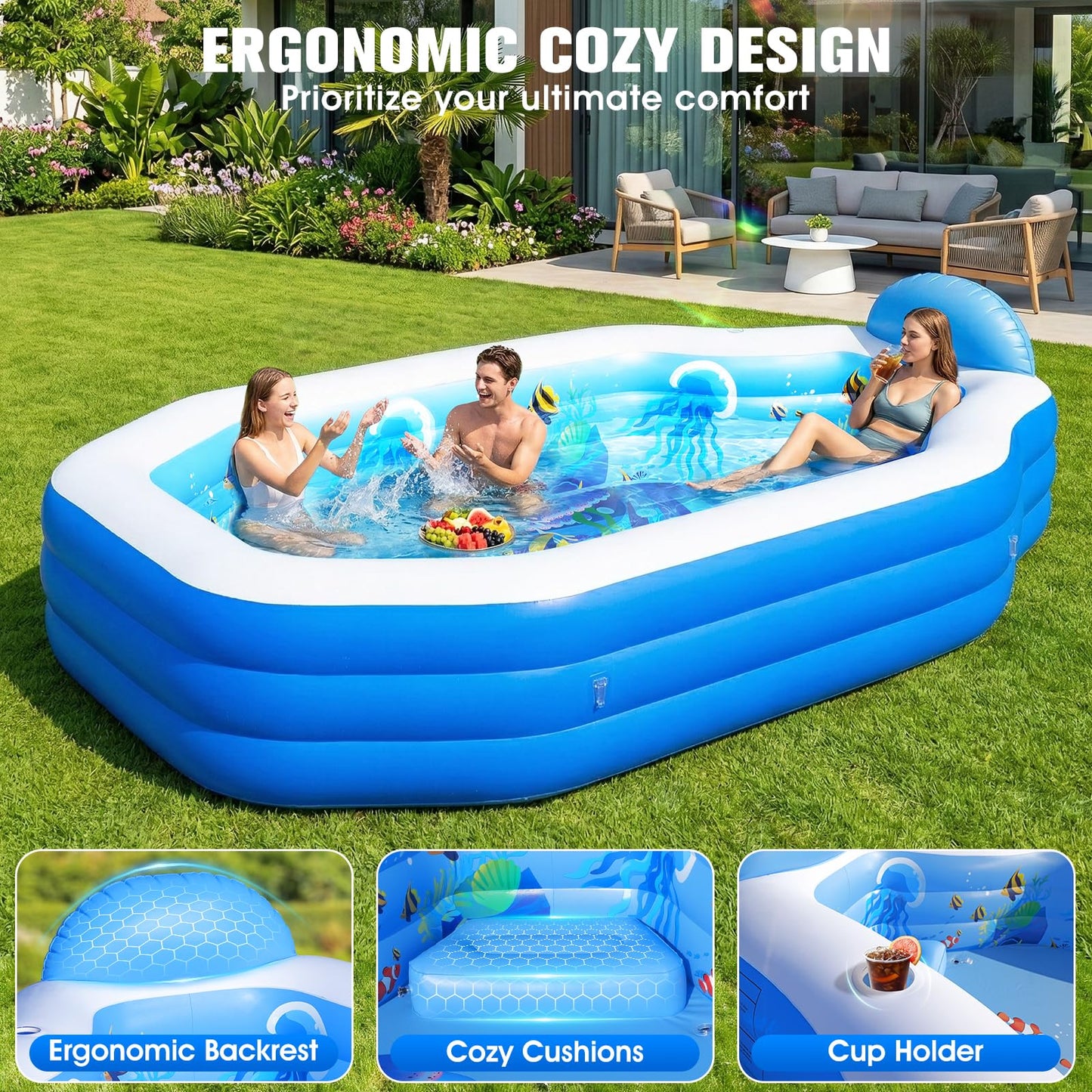 2026 Inflatable Pool with Canopy, Large Inflatable Pool for Kids,Adults, Blow Up Pools with Seats,Oversize Thickened 118"x75"x22"Inflatable Swimming Pools, Kids Pool for Backyard,Ocean Theme-Blue