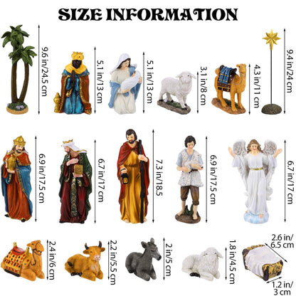Fovths 17 Pieces Lighted Nativity Christmas Nativity Stable Manger Religious Nativity Stable Manger Figurine Resin Decor for Deluxe Edition Led Nativity Tabletop Holiday Centerpieces Decor, 7 Inch