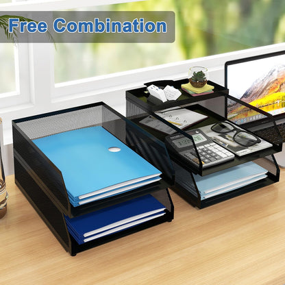 Natwind 4-Tier Paper Organizers,Desk Organizer,Stackable Paper Tray, Desk Accessories,Metal Mesh Desktop Organizer,Letter Trays,File Document Storage Rack for for Home, Office, School (Black)