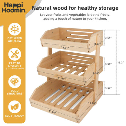 Happi Hoomin 3 Tier Fruit Basket for Kitchen Counter, Bamboo Fruit and Vegetable Storage Rack, Kitchen Organizer and Storage, Vegetable Baskets for Kitchen, Fruit Organizer, Frutero para Cocina