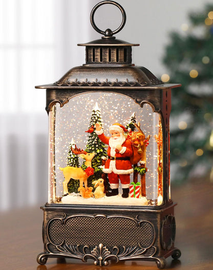Gorrzai Santa Snow Globe Lantern Christmas Snow Globes, Lighted Christmas Decorations Indoor with Music Timer Swirling Glitter, Musical Santa Claus Reindeer Home Decor, USB or Battery Operated