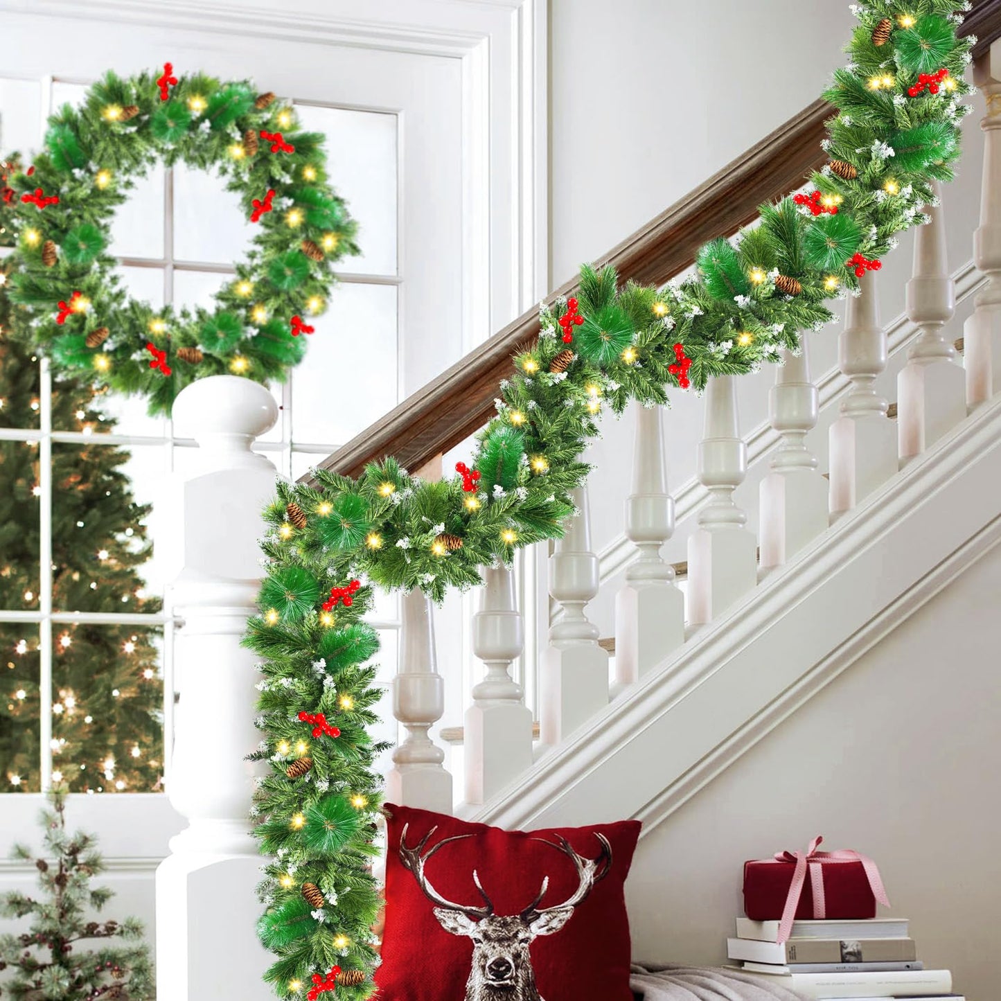 Christmas Garland with Lights, 50 LEDs 9FT Prelit Garland Battery Operated Outdoor Indoor Christmas Decorations Lighted Garland for Stairs Railing Fireplace Mantle Front Door Home Holiday Decor