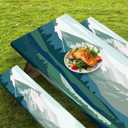 Britown 3 Piece Fitted Picnic Table Cover with Bench Covers, 72"x30" Full Elastic Edge Camping Tablecloth, Waterproof Wipeable RV Outdoor Patio Park Camping Essentials With Drawstring Bag (Mountain)