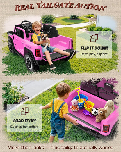 First Ride On 24V Ride On Toys for Big Kids, RAM 1500 2 Seater Ride on Car w/Remote, Battery Powered Truck w/ 4 Wheels Suspension, Toddler Car w/Bluetooth, LED Lights, Trunk
