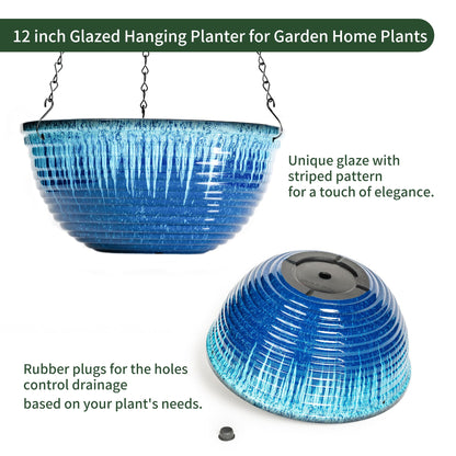 Vanslogreen 12 inch Hanging Planters for Indoor Outdoor Plants, 2 Pack Large Hanging Flower Pots with Drainage Holes and Chain, Glazed Hanging Baskets for Home Garden Decoration (Blue Flow Glaze)