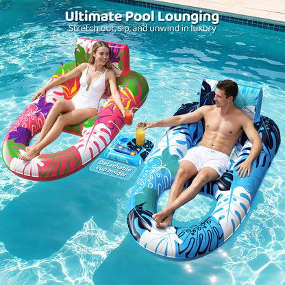 SEETOHOME 2 Pack Pool Floats Adult Heavy Duty, Inflatable Pool Lounger Float with Detachable Cup Holders & Backrest, Extra Large Pool Rafts Water Floaties for Adults Swimming Pools Beach Lake Party
