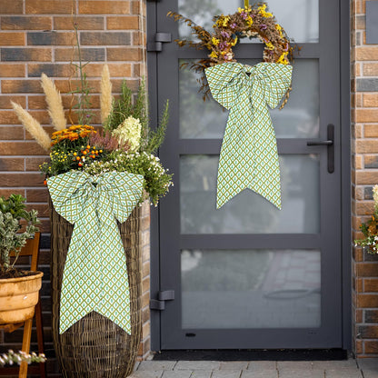 HunnmingRe 2 Pcs Green Block Print Bow Wreath Sash 24 x 16 Inch Christmas Wreath Sash for Front Door Holiday Floral Burlap Bow Accessories for Doorway Indoor Outdoor Garland Home (Green)