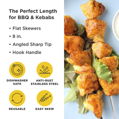 O-Yaki Flat Metal Kabob Skewer for Grilling – Set of 8 BBQ Skewers Stainless Steel with Storage Bag, Dishwasher Safe Skewers with Hook Handle & Sharp Tip for Outdoor BBQ, Cookouts & Oven Use – 8 Inch