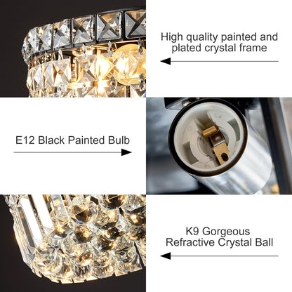 CEENLI 4-Light Black Crystal Chandeliers Flush Mount Chandelier Light Fixture with K9 Crystals Modern Ceiling Lights Elegant Round Lamp for Bedroom,Hallway,Bar,Living Room,Dining Room,H5.9 xW13.7