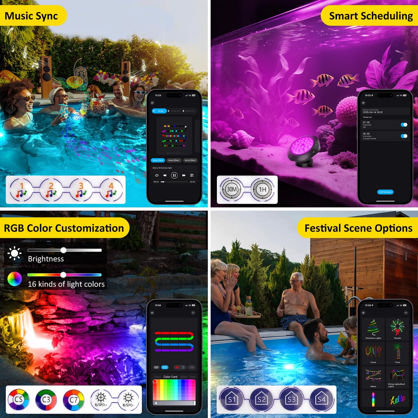 T-SUN Underwater LED Pond Lights – IP68 Waterproof Submersible Fountain Lights with App & Remote Control, 16M Colors Underwater Lighting for Koi Ponds/Garden Water Features Aquarium (4-Pack)