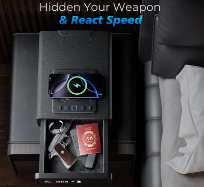 ORARAER Smart Biometric Gun Safe with Wireless Charging, Bluetooth App Control, 4 Unlock Methods, Bedside Drawer Safe LED Display,Money Box for Valuables, Gifts for Men