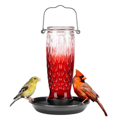 Kingsyard Bird Water Feeder for Outside, 24 Ounce, Glass Bird Water Dispenser with Metal Hanging for Garden Yard Outside Decoration, Red Gradient
