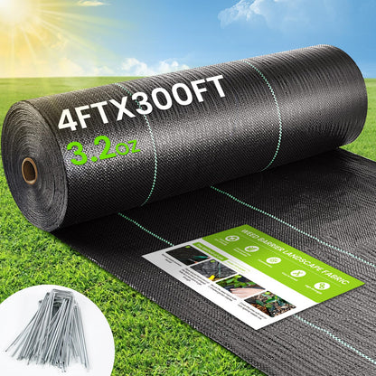 Weed Barrier Fabric, 4x300ft Landscape Fabric, 3.2oz Heavy Duty Durable Woven Geotextile Fabric, High Permeability Ground Cover Mat, Driveway Fabric, Garden Weed Control Cloth with 20 U-Securing Pegs