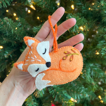 Sleeping Fox Christmas Ornament Handmade Embroidered Felt