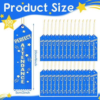 Wavwavw 100 Pcs Perfect Attendance Ribbons Bulk 8" x 2" Prizes Ribbons with Event Card and String Award Prize Gift for Tournaments Competitions Party Classroom Home Study Supplies