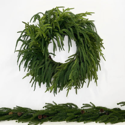 TOKCARE Norfolk Pine Wreaths for Front Door, 26Inch Real Touch Prelit Christmas Wreath with Lights 40 LED Green Faux Pine Wreath for Wall Windows Mantle Outdoor Christmas Decoration