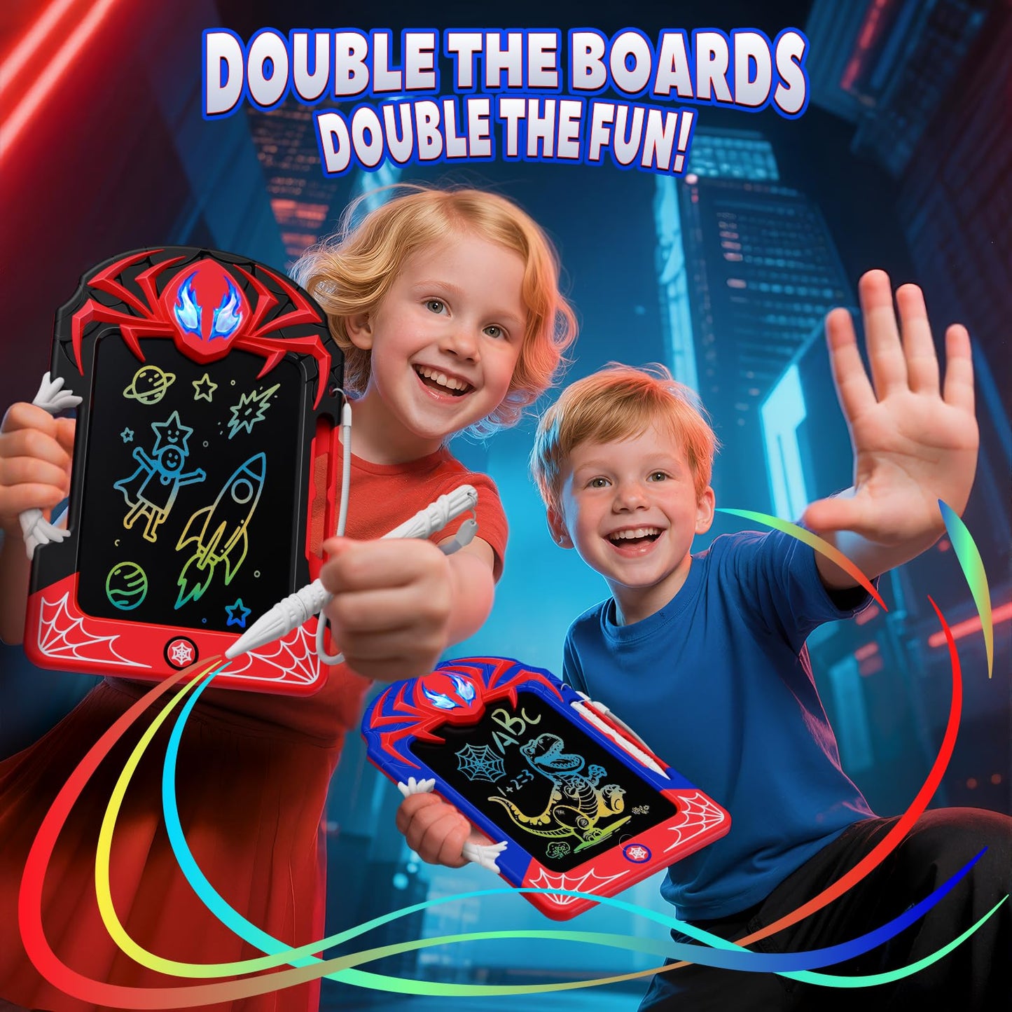LCD Writing Tablet 2 Pack–Red & Blue Hero Styles with Web Stylus & Grip, Colorful Doodle Board Drawing Pad Toy Gift 3 4 5 6 7 8 10 11 12 Year Old Boys Girls Toddler Age 3-4 4-6 6-8 8-12 Birthday Gift