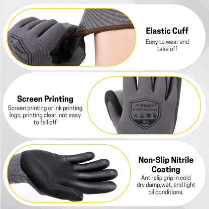 FURWEY Safety Work Gloves,16 Pairs Micro-Foam Nitrile Coated Glove for Men and Women, Touchscreen, Ideal for Warehouse Package Handling，Construction, Gardening, Small