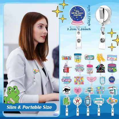 Liliaafar 25 Sets Nurse Funny Badge Reel Cute Retractable Name ID Clip with Cards and Organza Bags Acrylic Badge Holder for Doctor Medical Assistant Men Women Office Lanyard Supplies Bulk Gifts